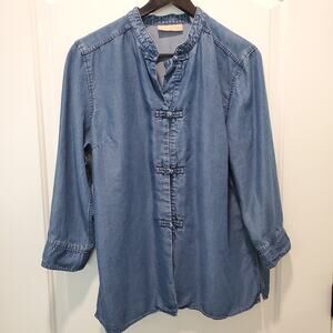 Kate Hill Blue Chambray Long Sleeve Tencel Top Sz XL Chinese Loop Buttons